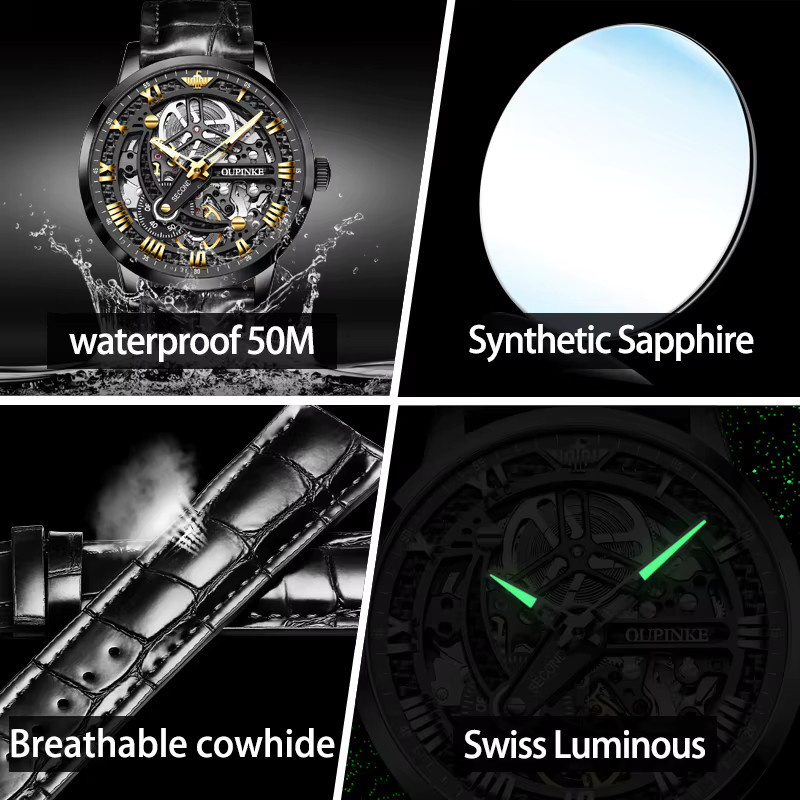Oupinke Armbanduhr, Automatik, Leder, Saphirglas, Herren, Schwarz - Bild 4