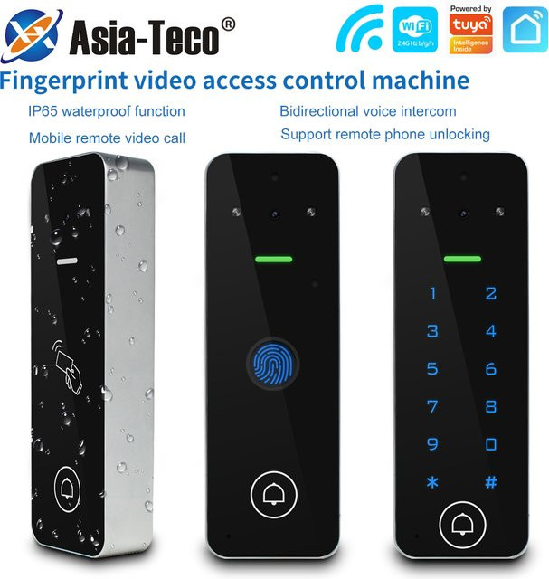 Asia-Teco WLAN-Video-Gegensprechanlage mit Fingerabdruck, RFID und Tastatur, kompatibel mit Tuya App, Farbe: Schwarz - Bild 1