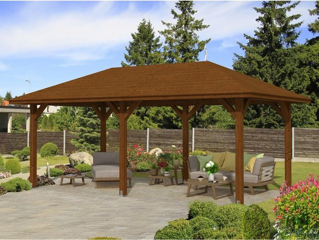 Skan Holz Pavillon Orleans 1 aus Fichten-Leimholz in Nussbaum braun, lackiert, Breite: 294 cm, Tiefe: 576 cm - Bild 1