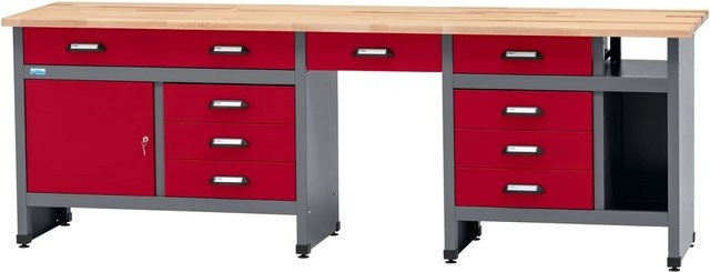 Küpper Werkbank mit 1 Tür, 9 Schubladen und Sitzraum, Dunkelrot, H: 84 cm, B: 240 cm, T: 60 cm - Bild 1