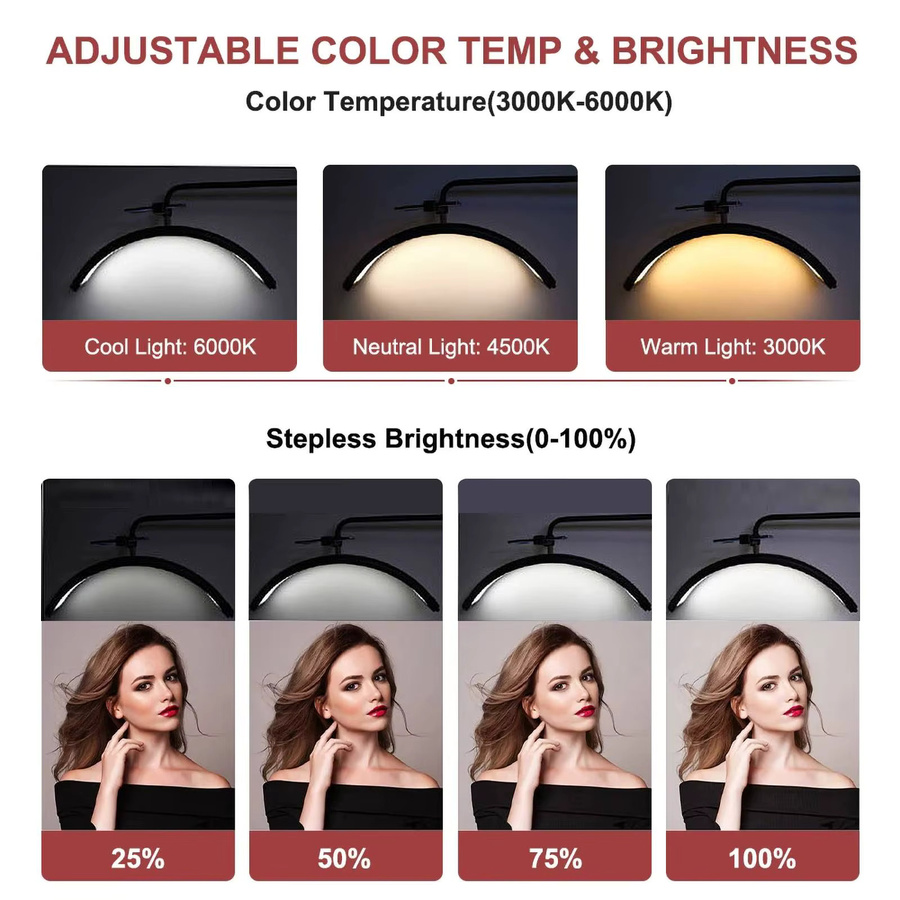 DWiusty Halbmond-Stehleuchte LED 36W dimmbar für Schönheitssalon und Make-up in Schwarz oder Weiß - Bild 5