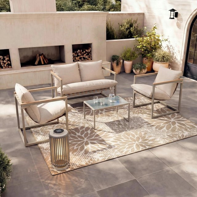 Bessagi Garden Loungegarnitur Lara in Creme mit Polstern, Outdoorstoff und Abdeckung aus pulverbeschichtetem Stahl - Bild 1