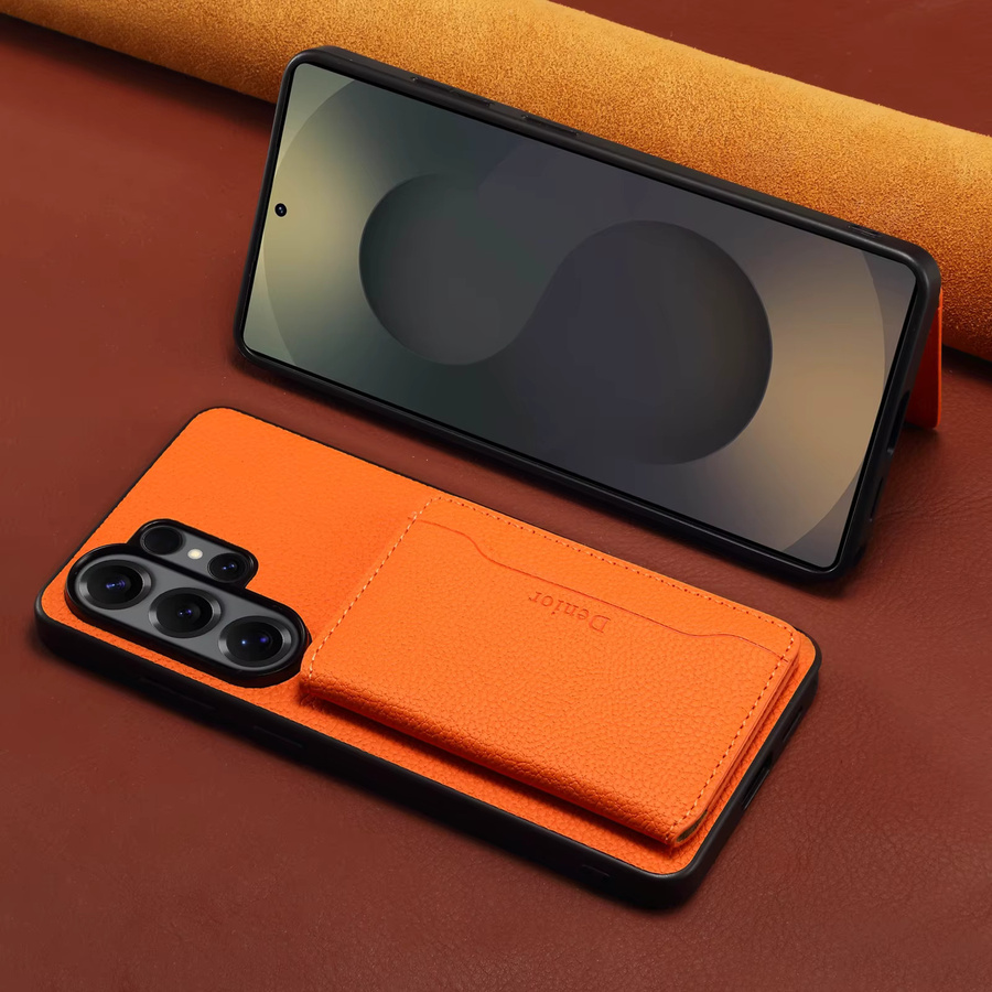 Denior Magnetische Leder Handyhülle mit Litschi-Muster und Kartentasche für Samsung Galaxy S26, S25 und S24, kompatibel mit kabellosem Laden, Schwarz und Orange - Bild 1