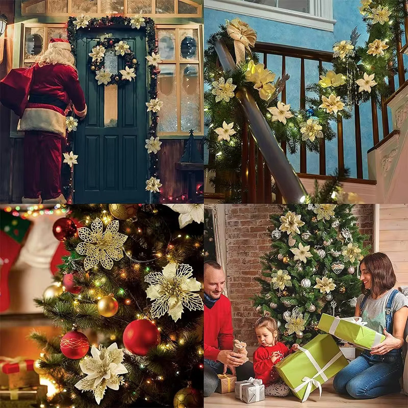 QIANHUAYU Weihnachtsbaum Anhänger Glitzer Pfingstrosen Kunstblumen in Gold und Silber für Weihnachtsdekoration und Neujahr - Bild 3