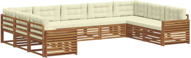 vidaXL Sofagarnitur 9-teilig aus Massivholz Akazie in Natur und Beige mit U-Form und Polsterkissen - Bild 1