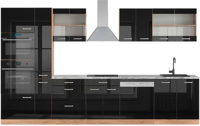 Vicco R-Line Küchenzeile Schwarz-Eiche Hochglanz mit Hochschrank und Marmor-Arbeitsplatte, Breite: 350 cm - Bild 1
