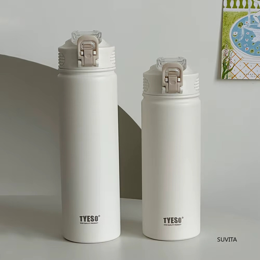 TYESO Thermos-Wasserflasche aus Edelstahl mit Strohhalm, Sportbecher für Heiß- und Kaltgetränke, Farbe: Weiß, Volumen: 600 ml oder 750 ml - Bild 2