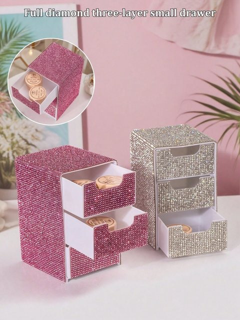 3-stufige Glitzer-Diamant-Aufbewahrungsbox aus transparentem Acryl in Pink mit Schubladen als Kosmetik- und Schmuck-Organizer für deinen Schreibtisch - Bild 1