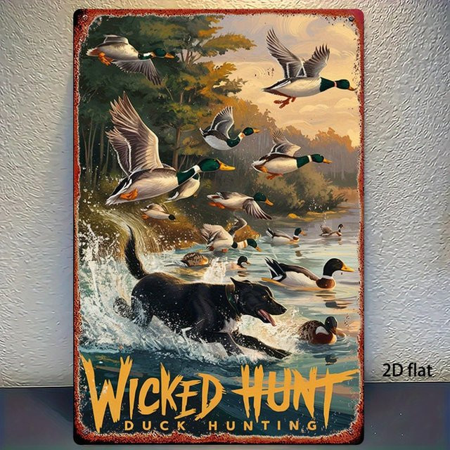 HELLOYOUNG Vintage Wandkunst aus Metall mit Jagd-Ente und Hund, rustikales Eisenschild in Mehrfarbig, B: 30,0 cm, H: 20,0 cm - Bild 1
