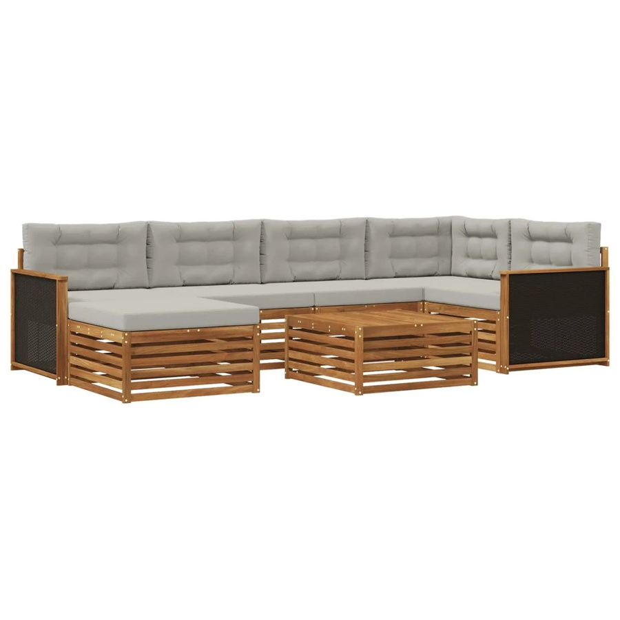 vidaXL Outdoor-Sofagarnitur L-Form aus Akazienholz mit 7 Kissen in Natur und Hellgrau - Bild 2