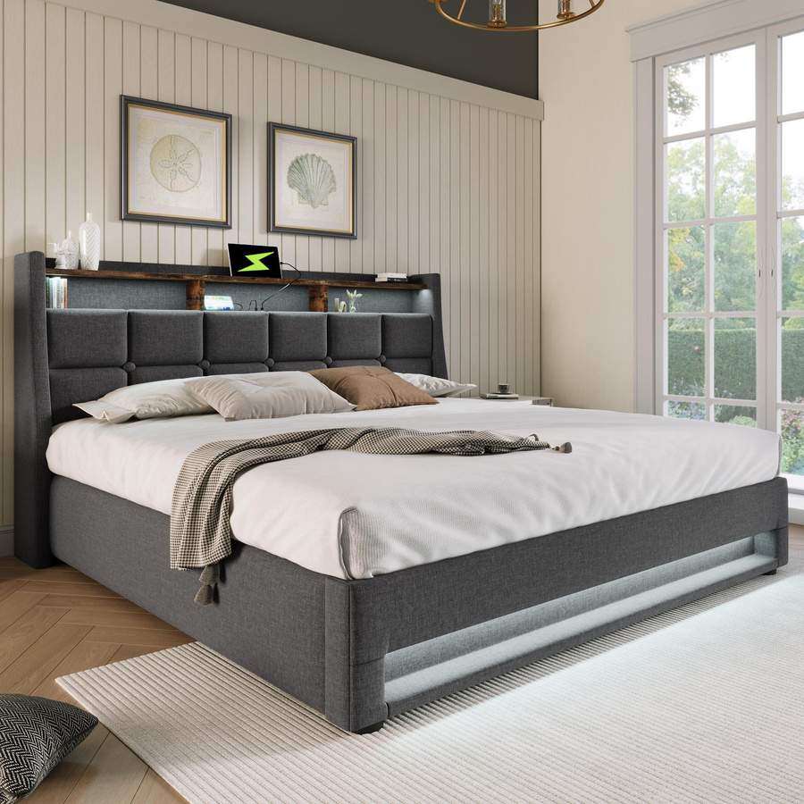 Polsterbett AB Store in Grau mit Matratze, Gasdruck-Lift für Stauraum, USB-Ladeport, Nachttischregal und Unterbettbeleuchtung, H x B x T: 210 x 145 x 117 cm - Bild 2