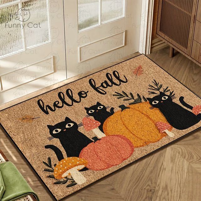 VIKAMA Fußmatte mit schwarzer Katze und Kürbis für Herbst und Thanksgiving, maschinenwaschbar, rustikaler Teppich für Eingangsbereich, Küche, Schlafzimmer oder Badezimmer - Bild 1