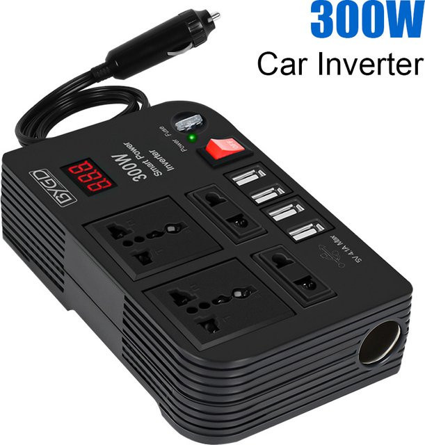 Auto-Wechselrichter 300 W mit 4 AC-Steckdosen und 4 USB-Anschlüssen, DC 12 V zu AC 220 V Konverter mit Überlastschutz und EIN/AUS-Schalter, Schwarz - Bild 1