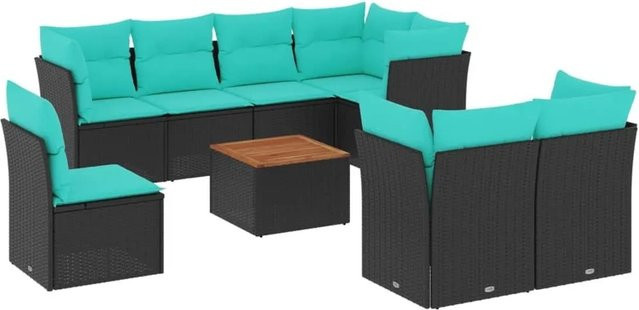 vidaXL 9-teilige Garten-Sofagarnitur aus Poly-Rattan und Akazienholz in Schwarz mit Kissen - Bild 1