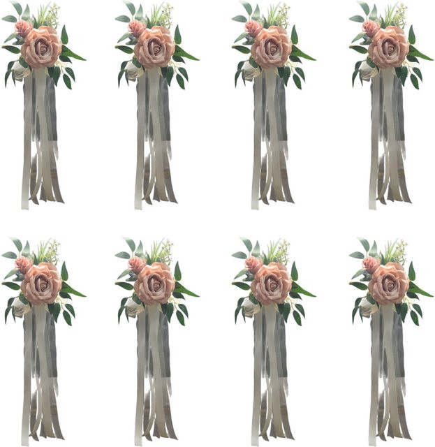 6er Set elegante weiße künstliche Rosen als Stuhldekoration für Hochzeiten mit Bändern, Farbe: Weiß und Grau - Bild 1