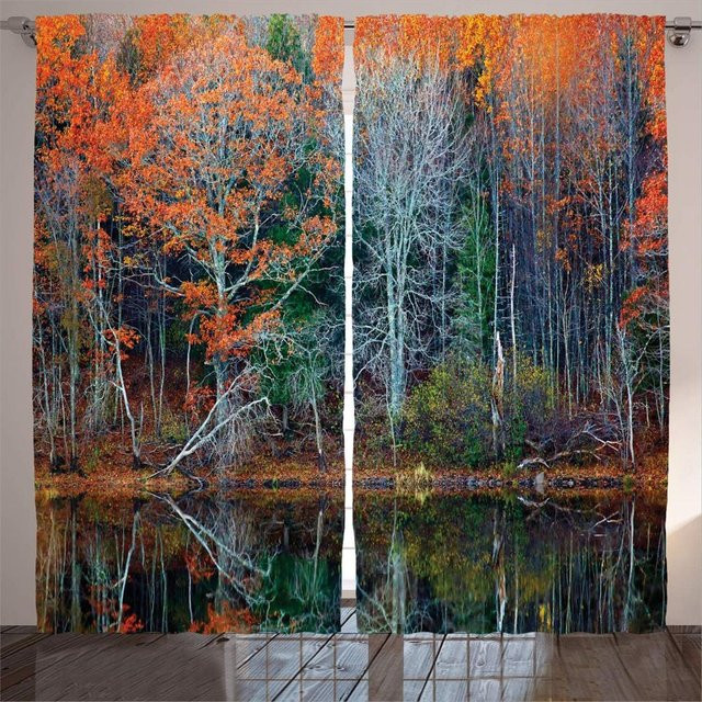 Bio-Fenstervorhänge mit Motiv Grüner Wald Sonnenuntergang, 2er-Set, Transparent, Mehrfarbig, B: 50 cm, H: 130 cm - Bild 1
