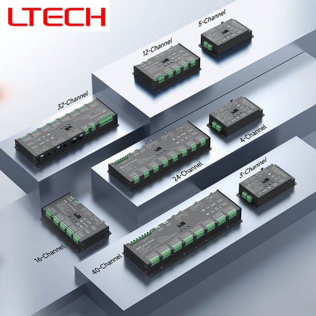 LTECH DMX512 Decoder mit OLED-Display in Schwarz, 8-Bit/16-Bit, 3-Pin XLR, 5-Pin XLR, RJ45 und grüner Anschlussklemme, max. 40 Kanäle, 2880W - Bild 1