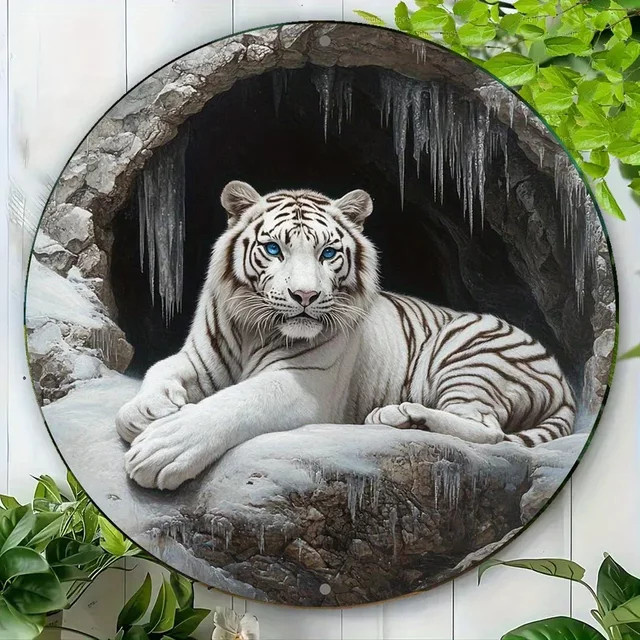 HELLOYOUNG Vintage Wandkunst aus Metall mit weißem Tiger Motiv, runde rustikale Wanddekoration, Durchmesser: 20,3 cm - Bild 1