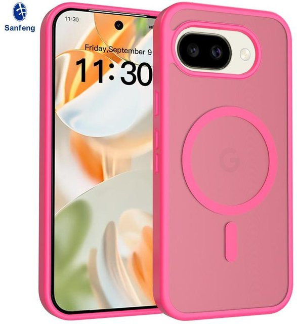 Magnetische matte Schutzhülle für Google Pixel 10a in Transparent/Pink, stoßfeste PC+TPU Hülle mit kabellosem Laden - Bild 1