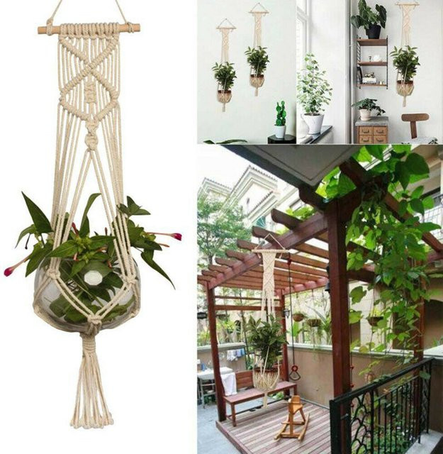 Handgemachter Makramee Pflanzenausleger aus Baumwolle im Boho-Stil für Wanddekoration im Garten und Hof - Bild 1