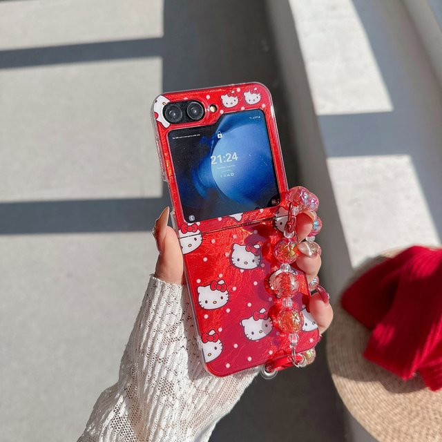 Sanrio Hello Kitty Handyhülle mit Wellenpunkt-Schleifen-Design für Samsung Galaxy Z Flip 7 6 5 4 3, rote TPU-Schutzhülle mit Trageband - Bild 1