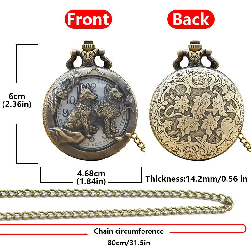 wecin Taschenuhr Halskette, Wolf, Quarz, Bronze, Messing, Unisex - Bild 3