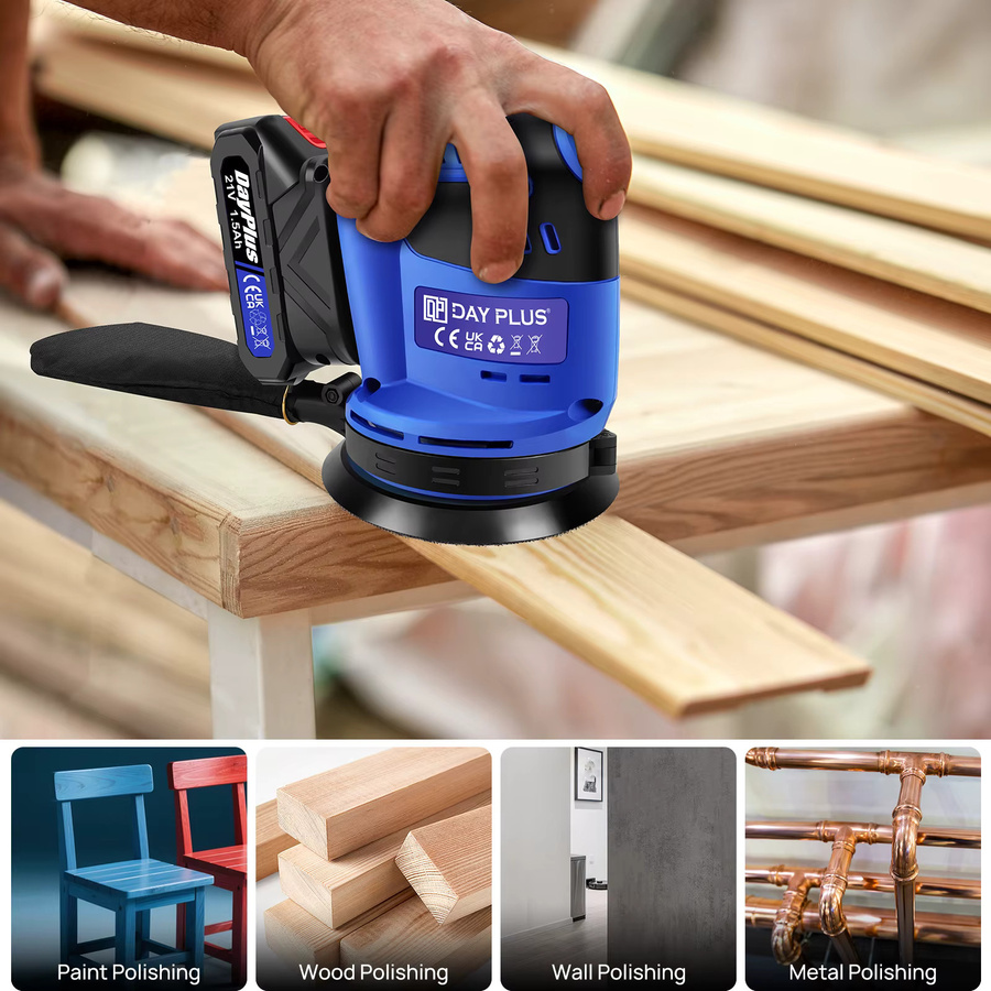 21V Akku-Exzenterschleifer in Blau mit 190W Leistung, 3-stufig einstellbar und 11000 OPM max., inklusive Staubbeutel und 12 Schleifpapierblättern für Holz, Metall und Farbe - Bild 7