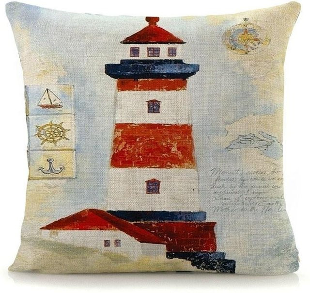 Dekorative Kissenhülle mit Mittelmeer Leuchtturm und Ozean Motiv von Monika Chen, Baumwolle und Leinen, Blau, B/T/H: 45 x 45 x 45 cm - Bild 1