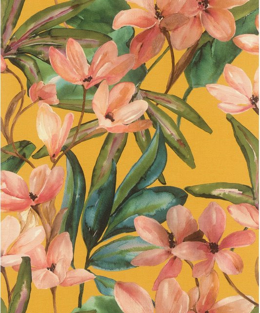 Selbstklebende Rasch Vliestapete Magnolia Gelb mit floralem Design, B/H: 0,53 m x 6 m - Bild 1