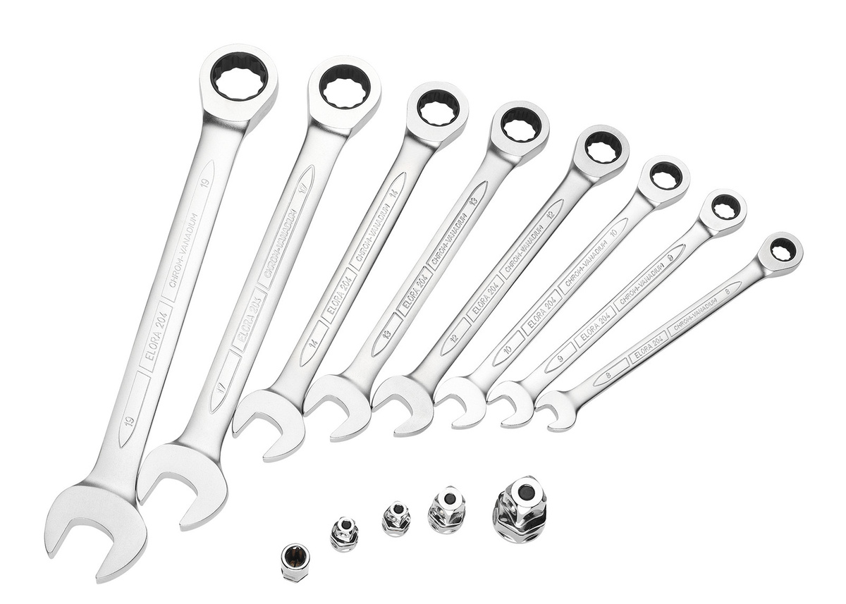 Elora Satz-Maulschlüssel mit Ringratschen 8-teilig in Silber ELORA 204-S8AF - Bild 1