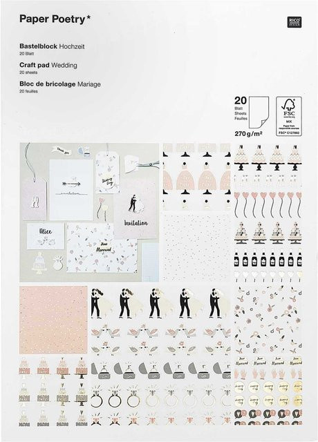 Rico Design Paper Poetry Bastelblock Hochzeit, 20 Blatt, A4, Farben: Puder, Weiß, Gold - Bild 1