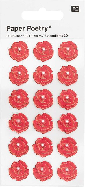 Rico Design Paper Poetry 3D-Sticker Rosen mit Perle in Rot, 18 Stück - Bild 1