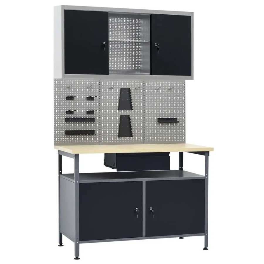 vidaXL Werkbank mit 3 Werkzeugwänden und 1 Wandschrank in Schwarz-Grau, höhenverstellbar, B: 120 cm, T: 60 cm, H: 85 cm - Bild 2