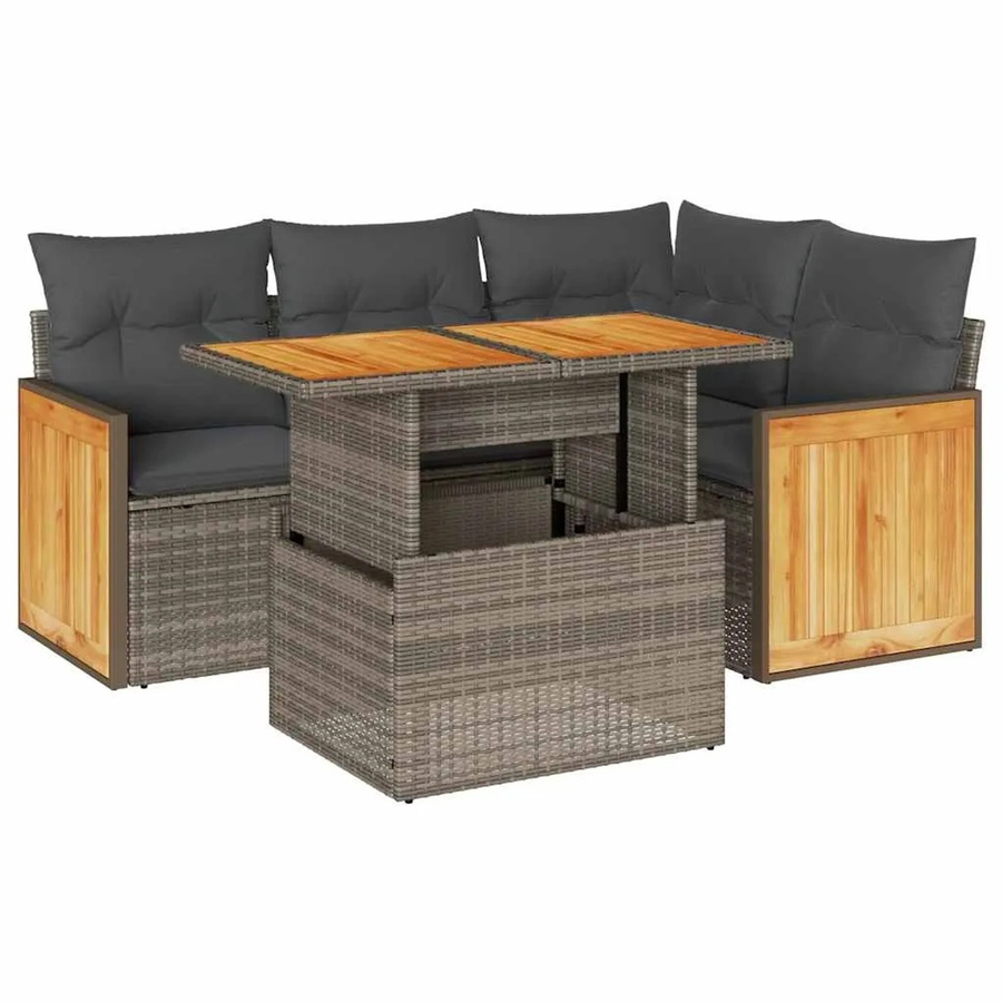 vidaXL 5-teilige Garten-Sofagarnitur aus Poly-Rattan und Akazienholz in Grau mit Kissen - Bild 2