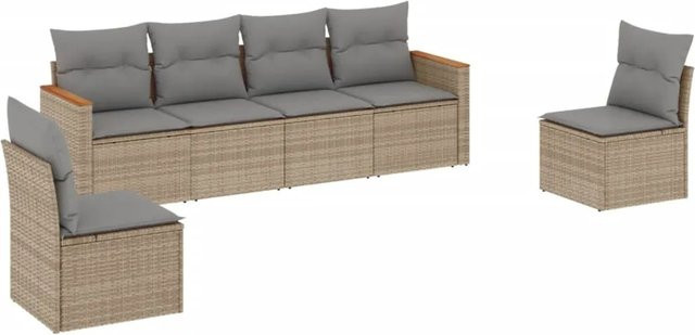 vidaXL 6-tlg Garten-Sofagarnitur aus Polyrattan und Akazienholz in Beige mit Sitzkissen und Stauraum - Bild 1