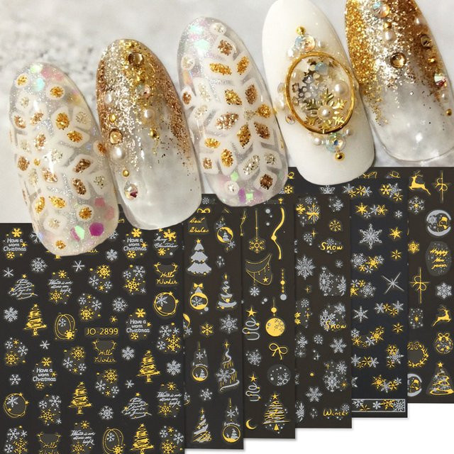 Weihnachts-Nagelaufkleber-Set, goldene Schneeflocken, holografisches Design - Bild 1