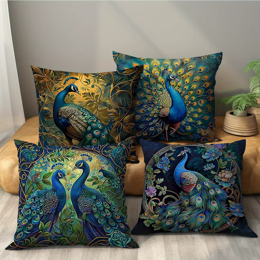 VIKAMA 4-teiliges Luxus-Pfau-Kissen-Set in Gold, Grün und Blau mit Federfüllung - Bild 2
