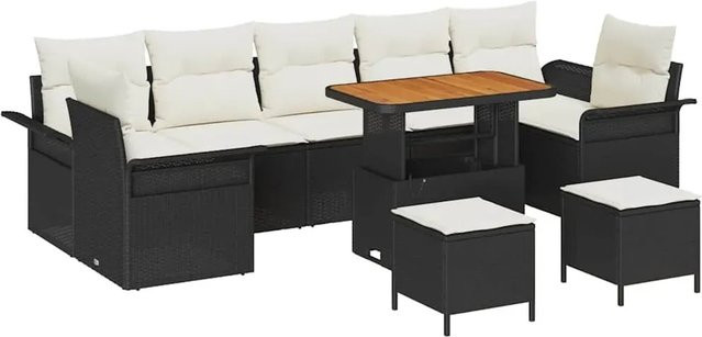 vidaXL Garten-Sofa-Set 10-teilig aus Polyrattan und Akazienholz in Schwarz mit Polsterung und Kissen - Bild 1