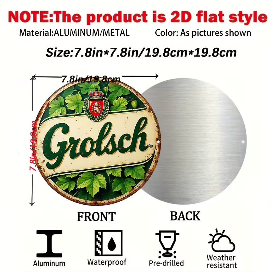 Vintage Grolsch Bierschild aus Aluminium in Grün, rundes Wandkunst-Dekor für Bar und Restaurant, Durchmesser: 20 cm - Bild 2