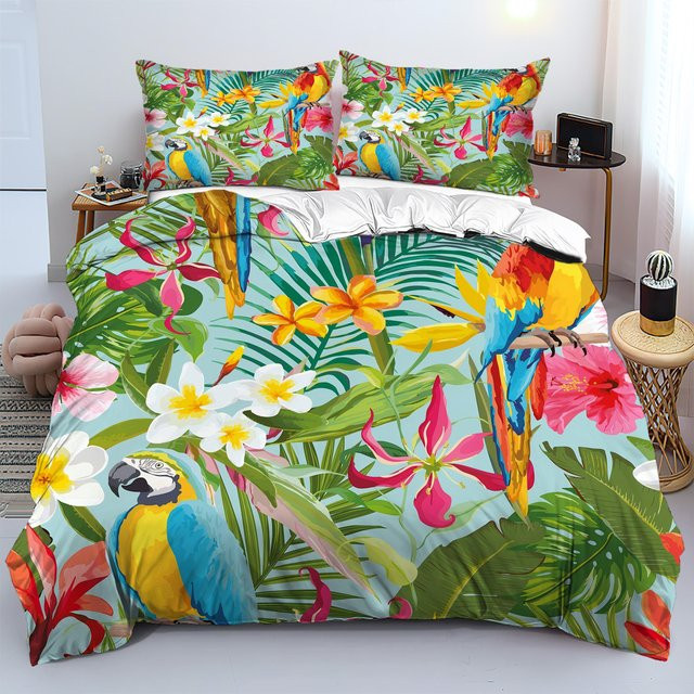 Bettwäsche-Set mit buntem Papageien- und Blumenmuster im tropischen Regenwald-Stil, 3-teilig, Multicolor, B/H: 150 x 200 cm - Bild 1