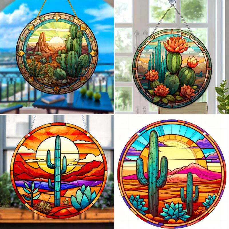 Runder Kaktus Sun Catcher aus Acryl als mehrfarbiger Wandanhänger für Fenster und Garten - Bild 1