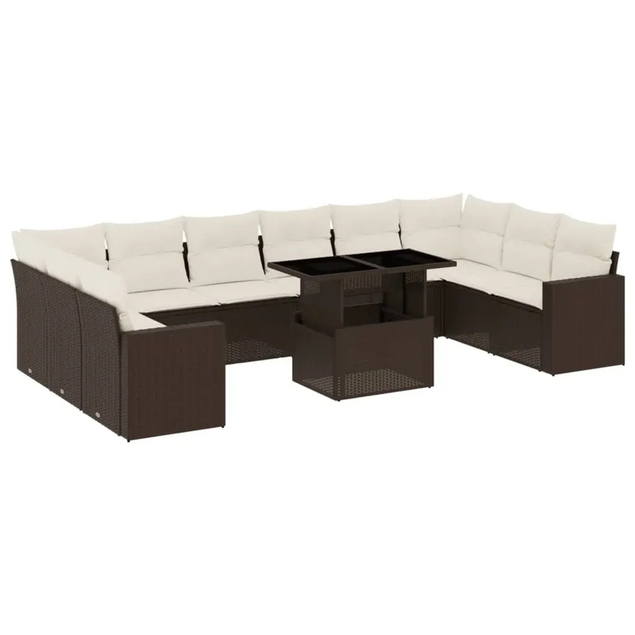 vidaXL 11-tlg. Garten-Sofagarnitur in L-Form aus braunem Poly-Rattan mit cremeweißen Kissen und Metallrahmen - Bild 2