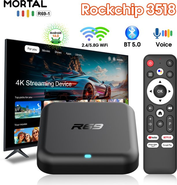 MORTAL Android 14 TV-Box R69-2 Smart Set-Top-Box mit 4K UHD HDR, Dual WLAN 2,4G/5G, BT5.0, 2GB RAM, 16GB ROM, Schwarz - Bild 1