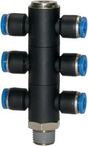 Riegler T-Mehrfachverteiler Blaue Serie, 6-fach, drehbar, R 1/8, Durchmesser 6 mm, Blau/Schwarz - Bild 1