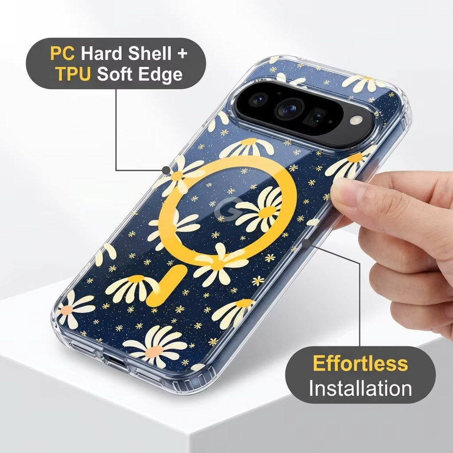 IMD Magnetische Handyhülle mit Sonnenblumen-Glitzer für Google Pixel 9 9 Pro 9 Pro XL 10 10 Pro 10 Pro XL 10A 9A in Blau Farbverlauf, stoßfeste Abdeckung - Bild 3