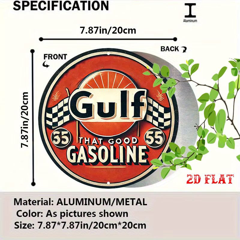 Vintage Gulf 55 Benzin Metallschild aus Aluminium mit kariertem Flaggen-Design, rund, Multicolor, Durchmesser: 20 cm - Bild 2