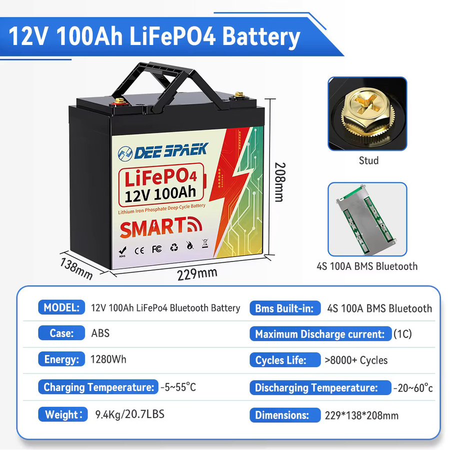 DEEPSPAEK 12V 100Ah LiFePO4 Batteriepack mit Bluetooth BMS 100A für Solar, Boot, Wohnmobil und Camping - Bild 2
