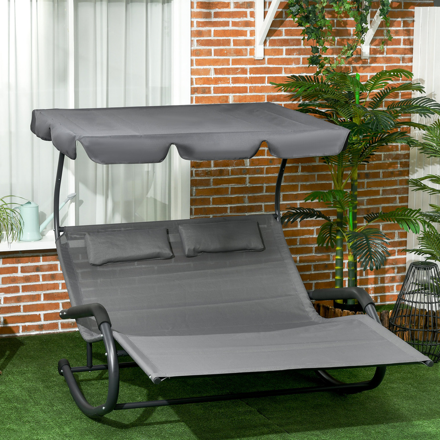 Outsunny Doppel-Sonnenliege Schaukelbank mit Sonnendach in Dunkelgrau, Gartenliege für 2 Personen mit Rollen und Kopfkissen, B/T/H: 200 x 139 x 140 cm - Bild 6