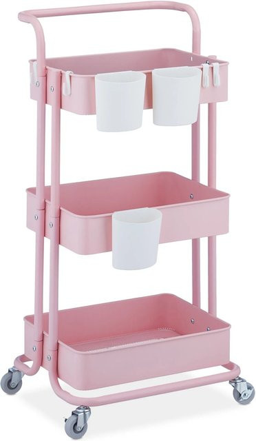 Relaxdays Rollwagen aus Stahl in Rosa mit 3 Etagen und Rollen, H x B x T: 86 x 38 x 39 cm - Bild 1