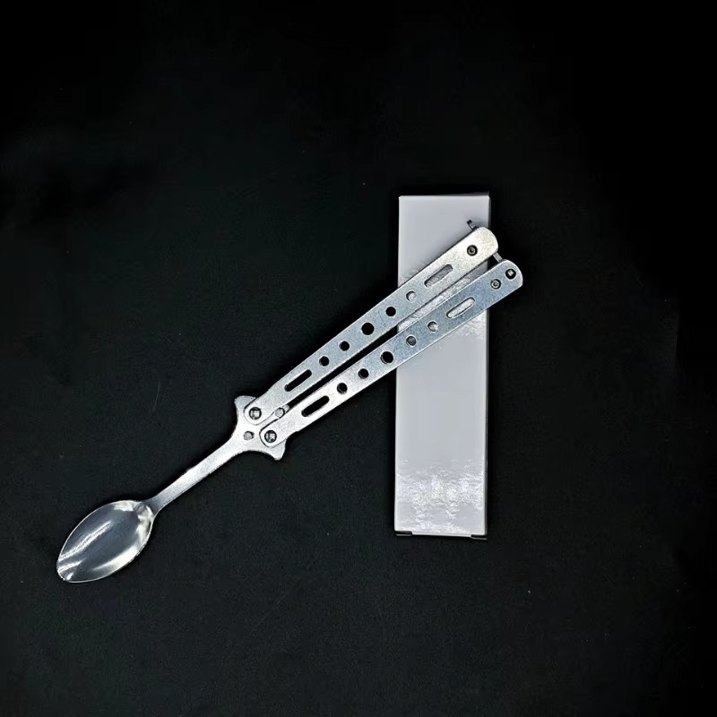 Tragbares Spork-Besteck aus Edelstahl in Silber, rotierendes Schmetterlings-Design, zusammenklappbar und hitzebeständig für Camping und Büro - Bild 1